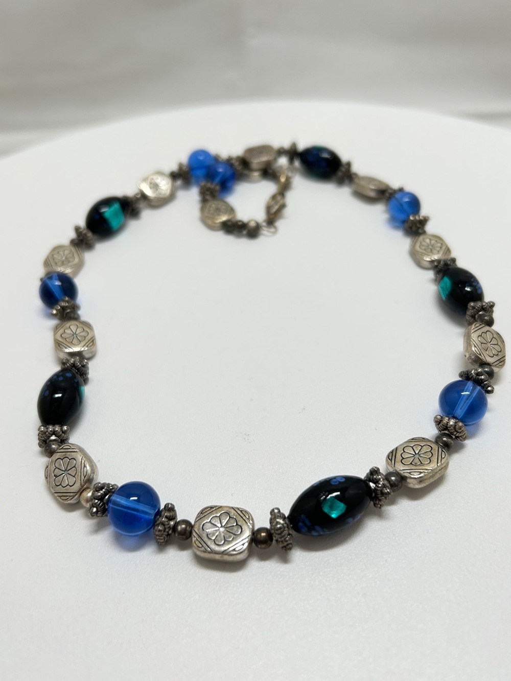 Silver Etched Floral Beads, Clear Blue & Blue AB Glass Beaded Necklace